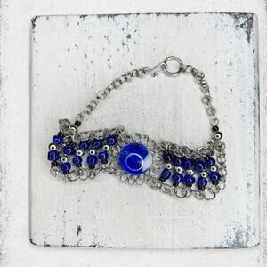 32. Silvertone Blue Glass Wire Bracelet Handmade